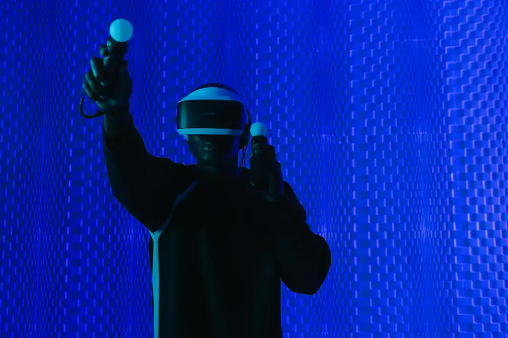 Player performing slow stretching movements in a bright virtual environment